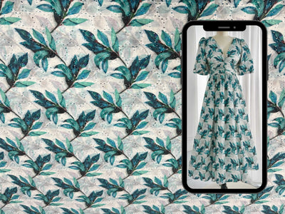 Teal Blue Floral With Embroidered Hakoba Cotton Fabric