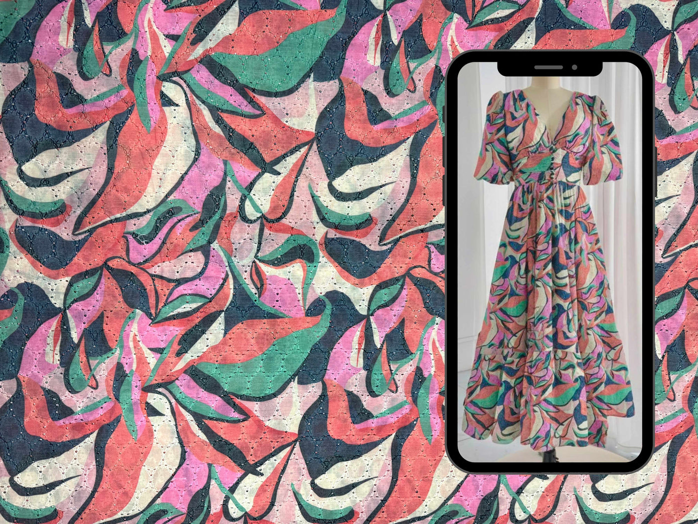Multicolor Abstract Leaf Print With Embroidered Hakoba Cotton Fabric