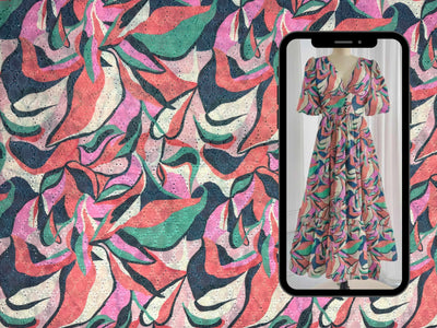 Multicolor Abstract Leaf Print With Embroidered Hakoba Cotton Fabric