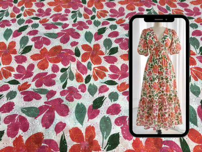 Pink Orange Floral Print With Embroidered Hakoba Cotton Fabric