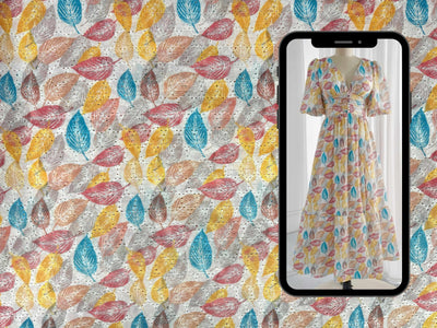 Multicolor Leaf Print With Embroidered Hakoba Cotton Fabric