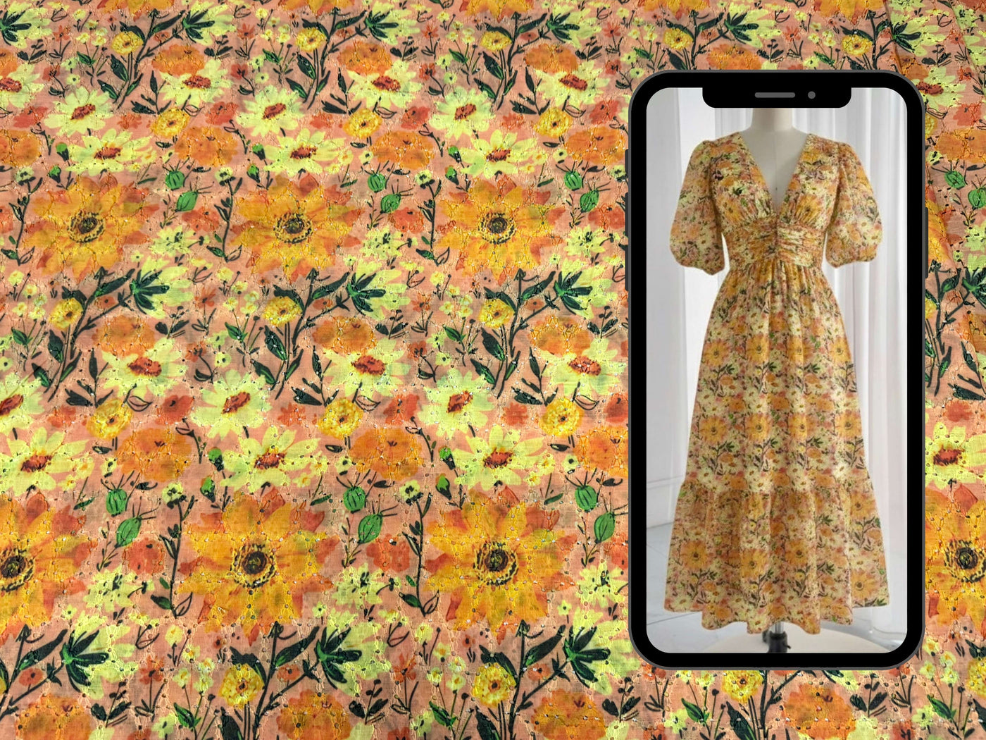 Orange Yellow Floral Print With Embroidered Hakoba Cotton Fabric