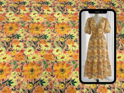 Orange Yellow Floral Print With Embroidered Hakoba Cotton Fabric