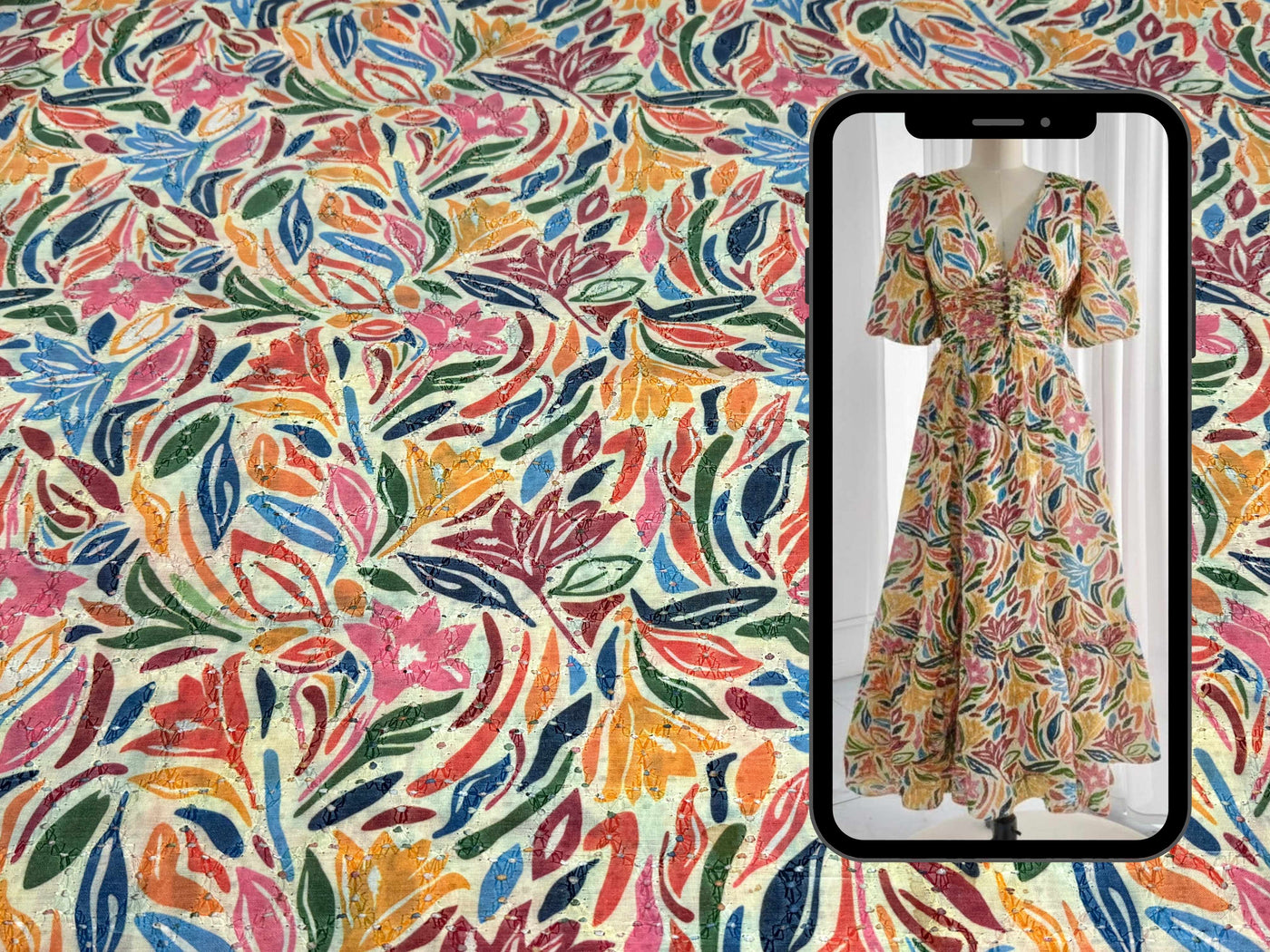 Multicolor Abstract Floral Print With Embroidered Hakoba Cotton Fabric