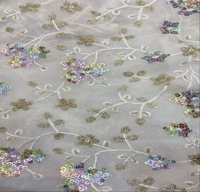 White Sequins Floral Embroidered Dyeable Viscose Georgette Fabric (Wholesale)