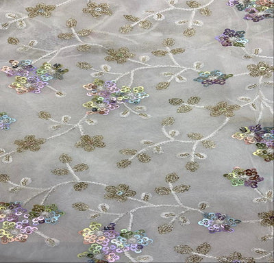 White Sequins Floral Embroidered Dyeable Viscose Georgette Fabric (Wholesale)