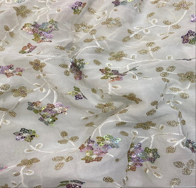 White Sequins Floral Embroidered Dyeable Viscose Georgette Fabric (Wholesale)