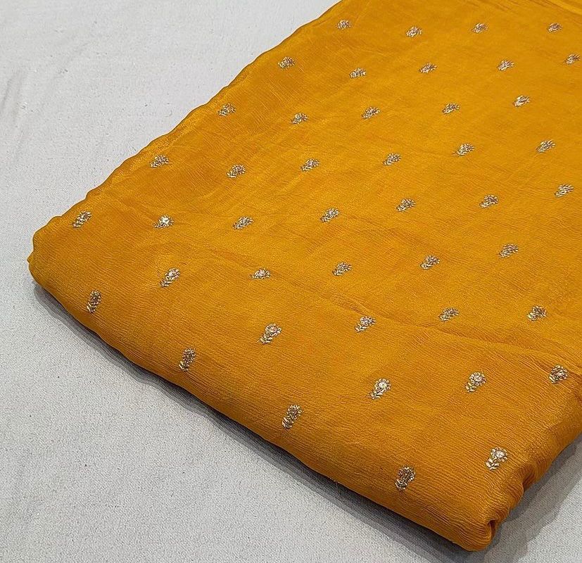 Yellowish Orange Floral Butti Embroidered Viscose Chinon Chiffon Fabric (Wholesale)