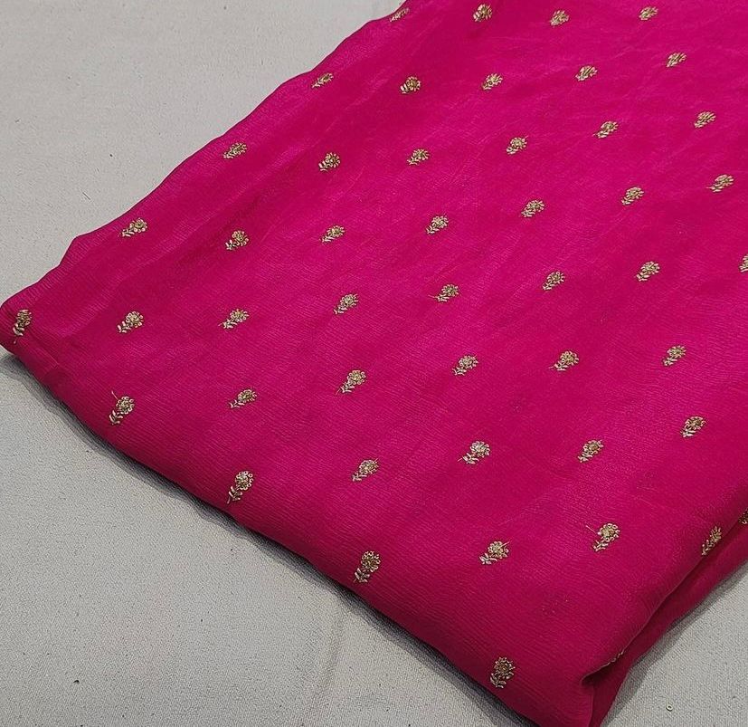 Hot Pink Floral Butti Embroidered Viscose Chinon Chiffon Fabric (Wholesale)