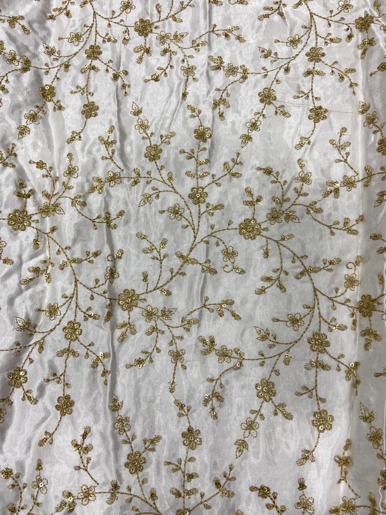 White & Golden Floral Dyeable Embroidered Viscose Gaji Silk Fabric (Wholesale)