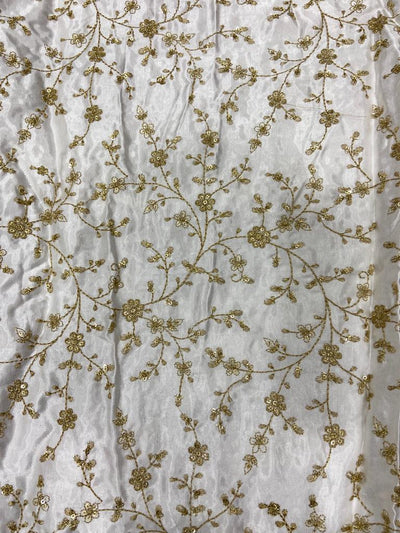 White & Golden Floral Dyeable Embroidered Viscose Gaji Silk Fabric (Wholesale)