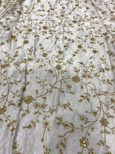 White & Golden Floral Dyeable Embroidered Viscose Gaji Silk Fabric (Wholesale)