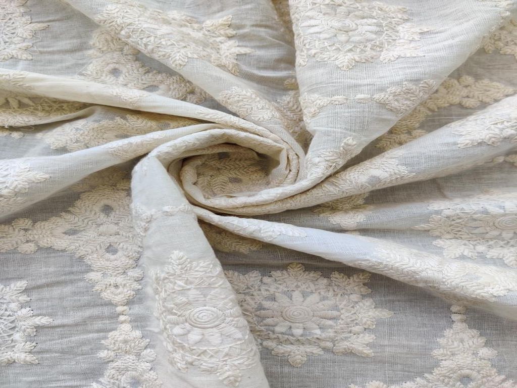 Off White Floral Chikankari Work Embroidered Dyeable Cotton Fabric