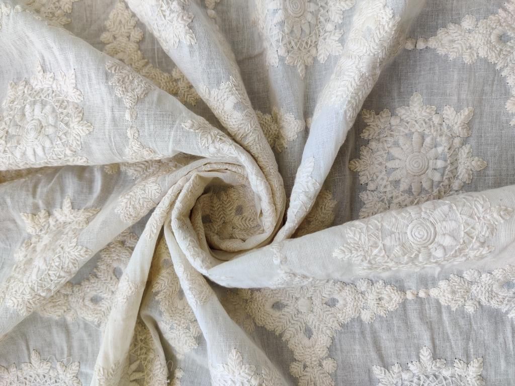 Off White Floral Chikankari Work Embroidered Dyeable Cotton Fabric