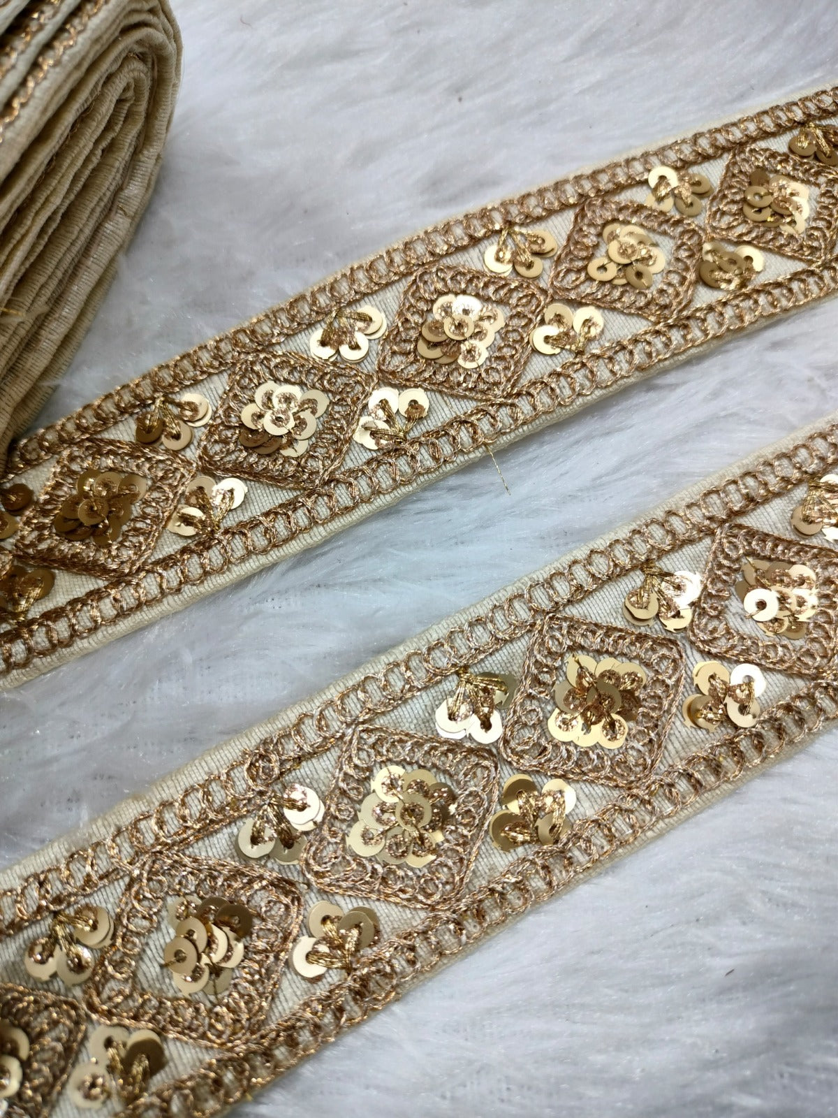 White Golden Fancy Zari Embellished Trim