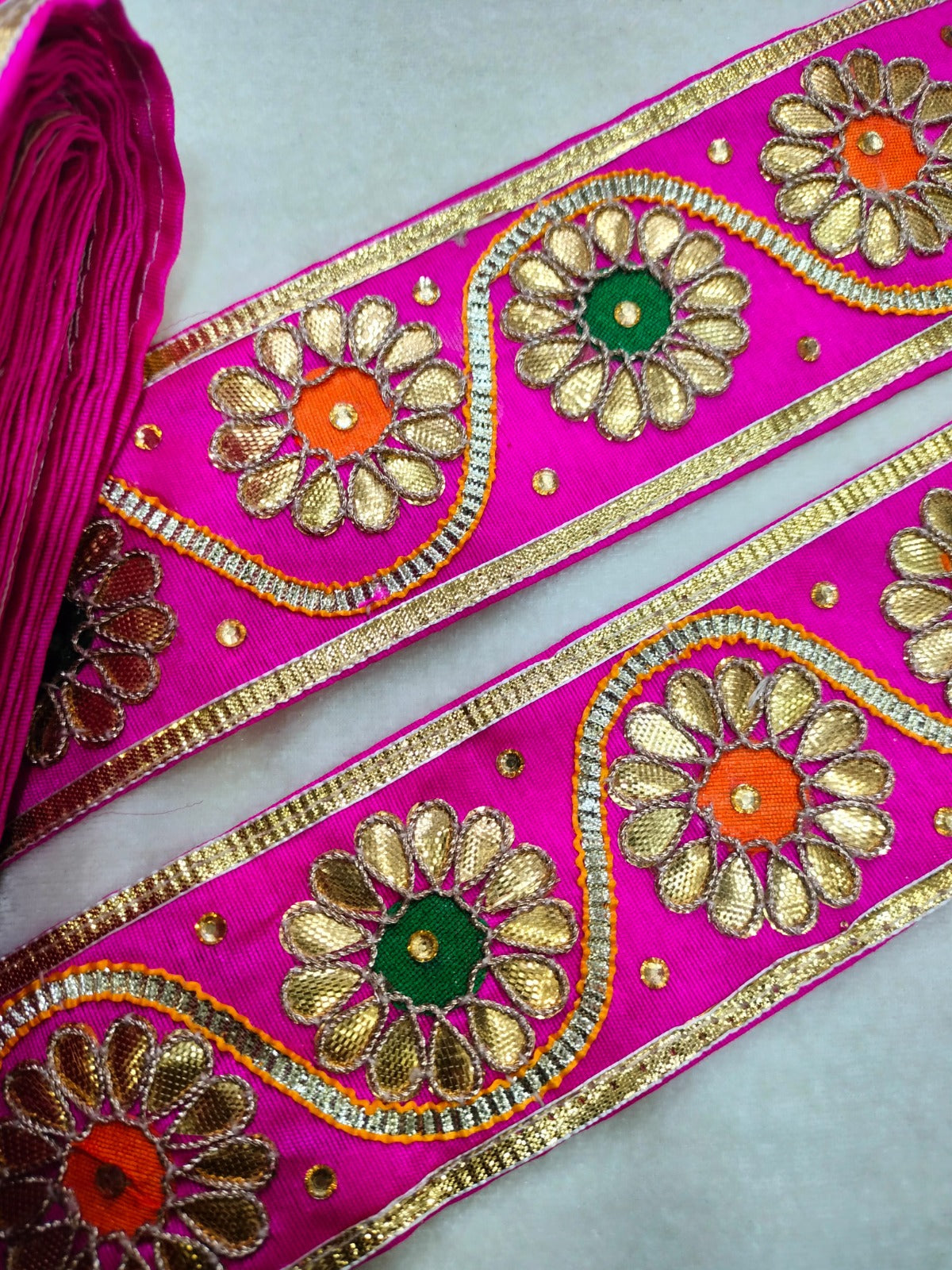 Pink & Golden Gota Floral Handwork Trim