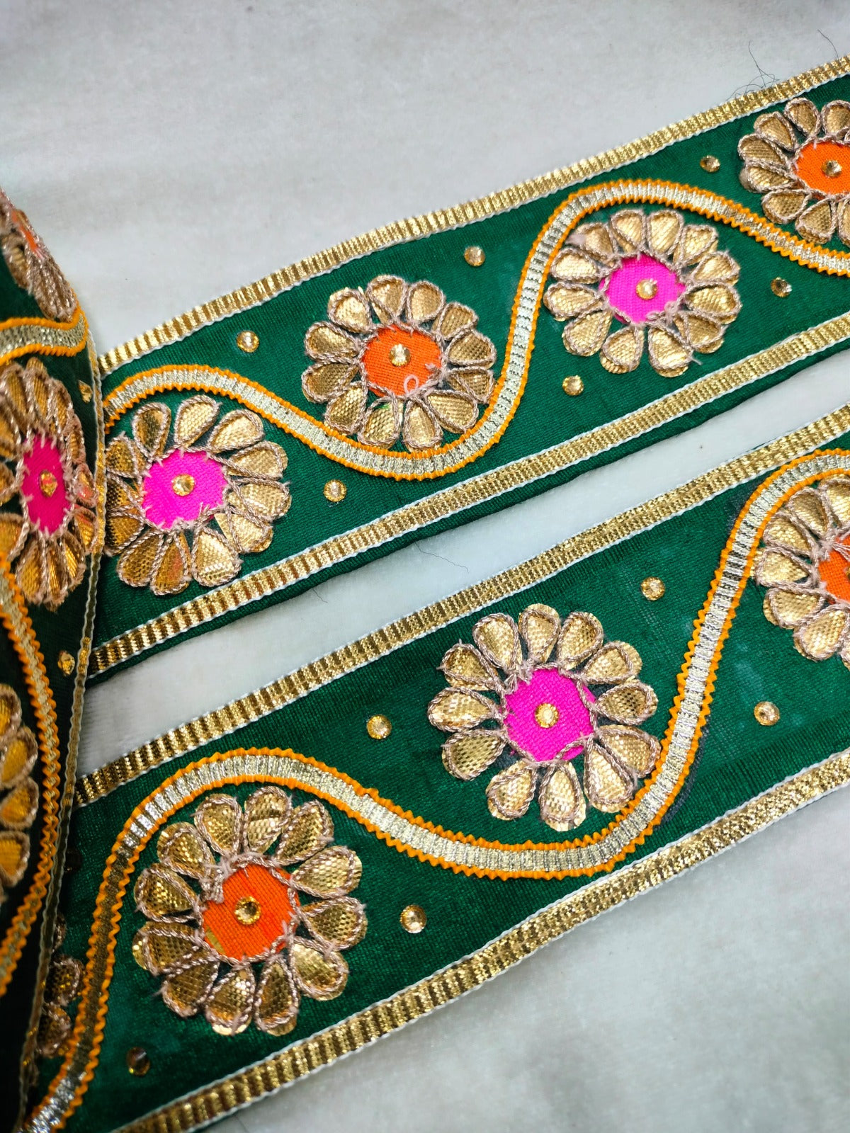 Green & Golden Gota Floral Handwork Trim