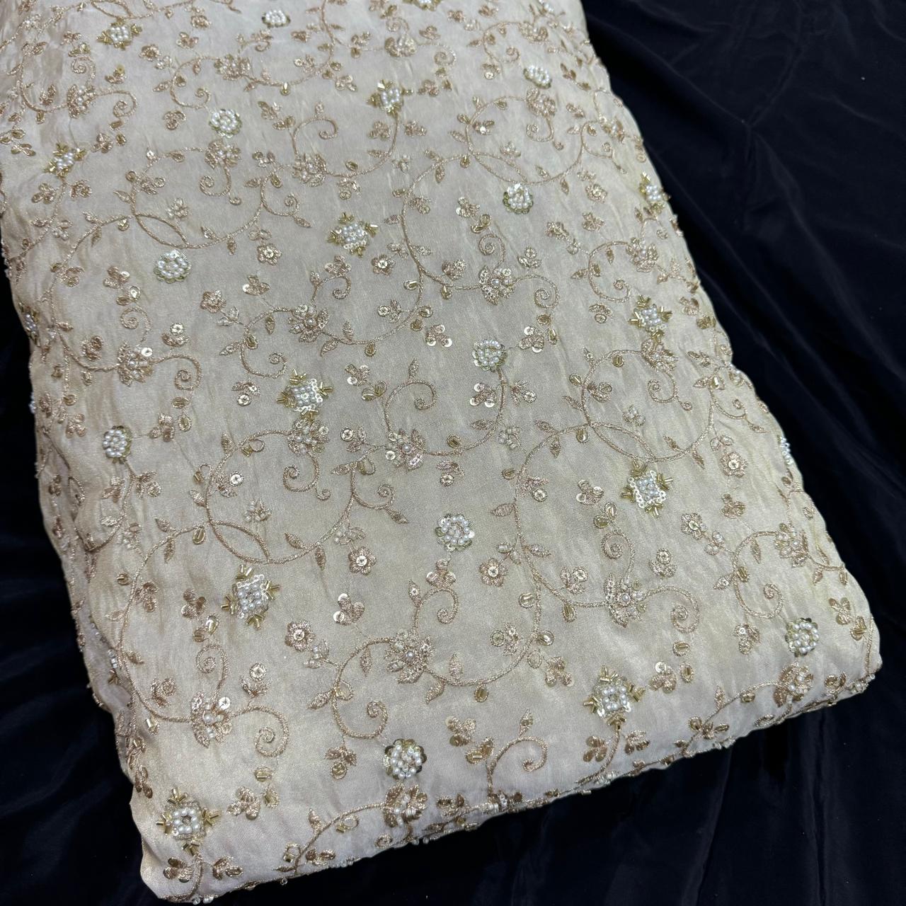 White & Golden Floral Beads & Sequins Handwork Dyeable Embroidered Viscose Tissue Silk Fabric