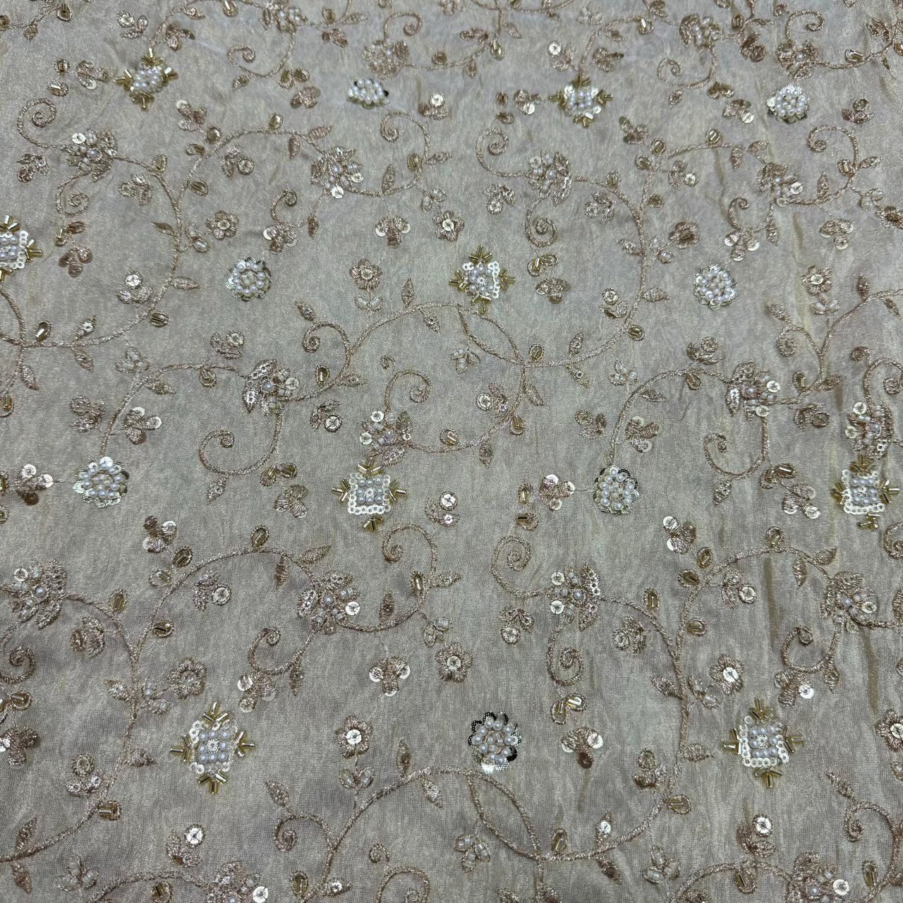 White & Golden Floral Beads & Sequins Handwork Dyeable Embroidered Viscose Tissue Silk Fabric