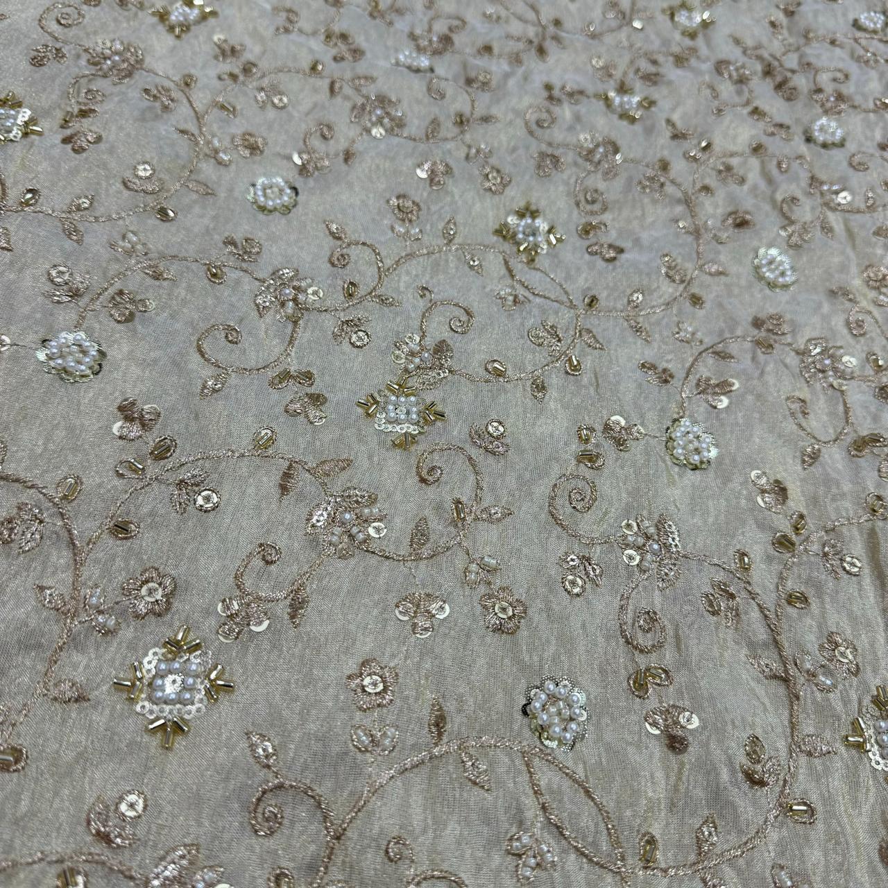 White & Golden Floral Beads & Sequins Handwork Dyeable Embroidered Viscose Tissue Silk Fabric