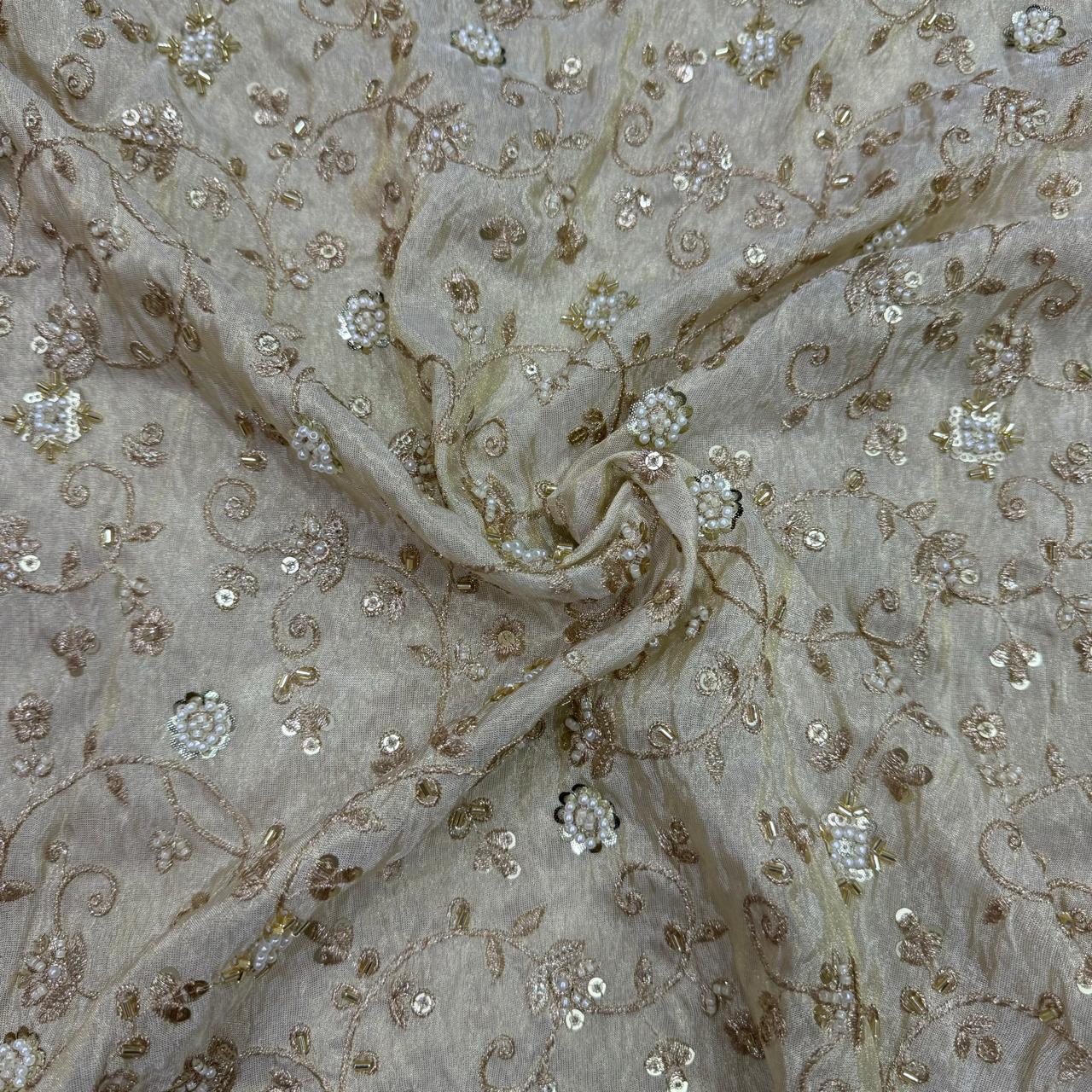 White & Golden Floral Beads & Sequins Handwork Dyeable Embroidered Viscose Tissue Silk Fabric