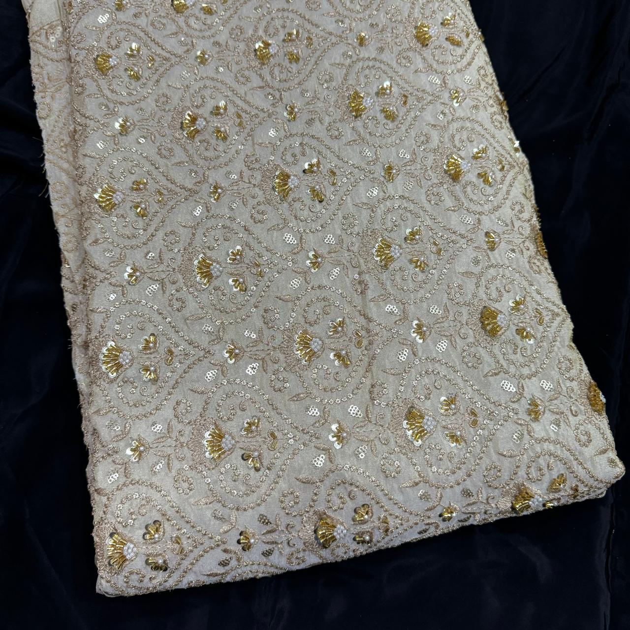 White & Golden Floral Beads & Sequins Handwork Dyeable Embroidered Viscose Tissue Silk Fabric