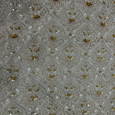 White & Golden Floral Beads & Sequins Handwork Dyeable Embroidered Viscose Tissue Silk Fabric