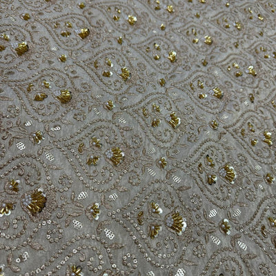 White & Golden Floral Beads & Sequins Handwork Dyeable Embroidered Viscose Tissue Silk Fabric