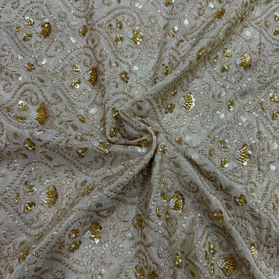 White & Golden Floral Beads & Sequins Handwork Dyeable Embroidered Viscose Tissue Silk Fabric