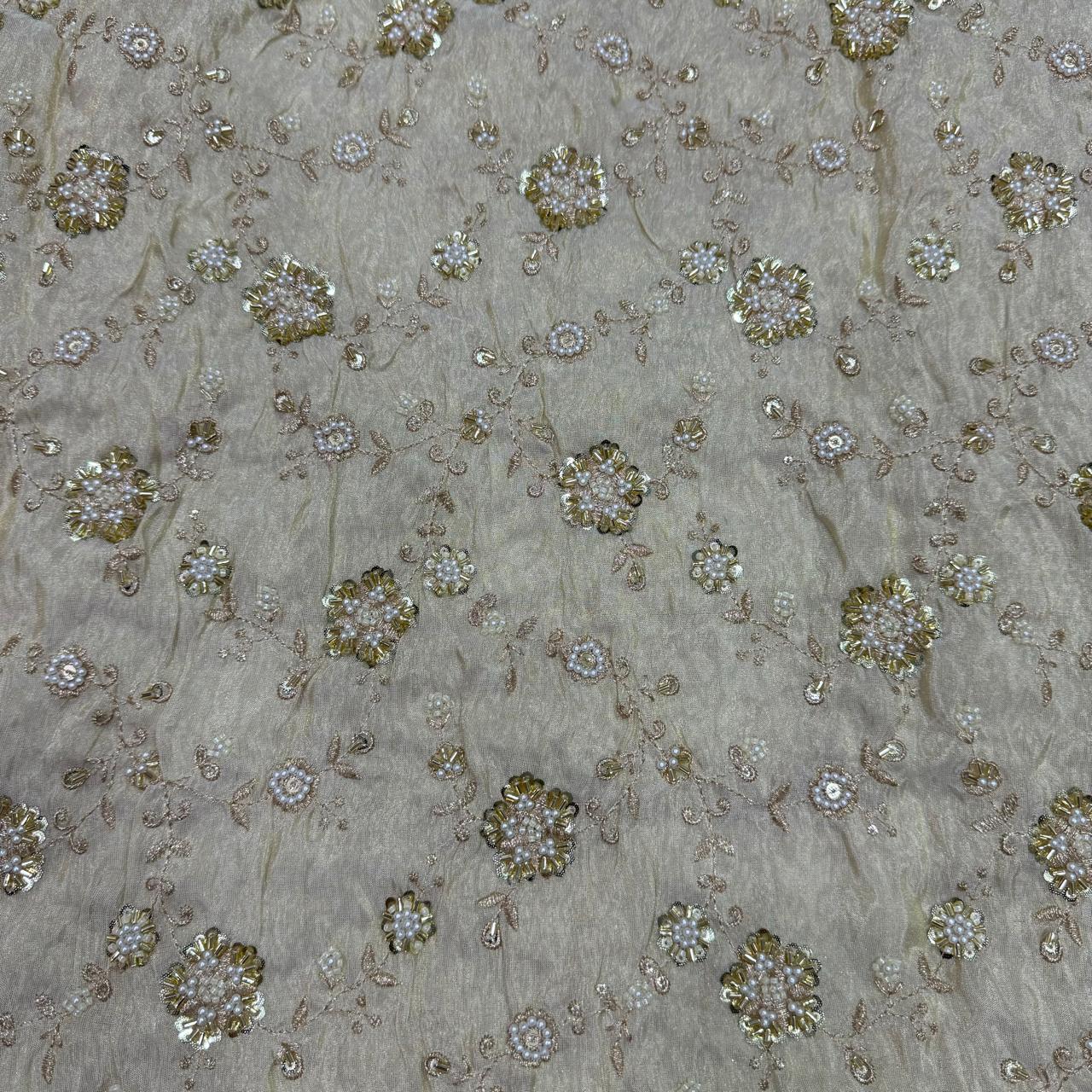 White & Gold Floral Beads & Sequins Handwork Dyeable Embroidered Viscose Tissue Silk Fabric