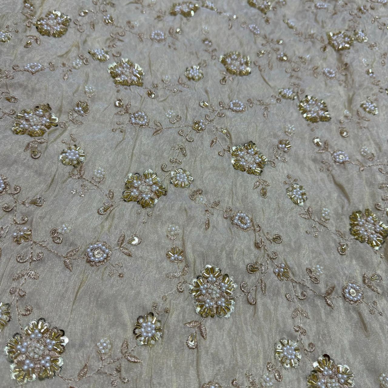 White & Gold Floral Beads & Sequins Handwork Dyeable Embroidered Viscose Tissue Silk Fabric