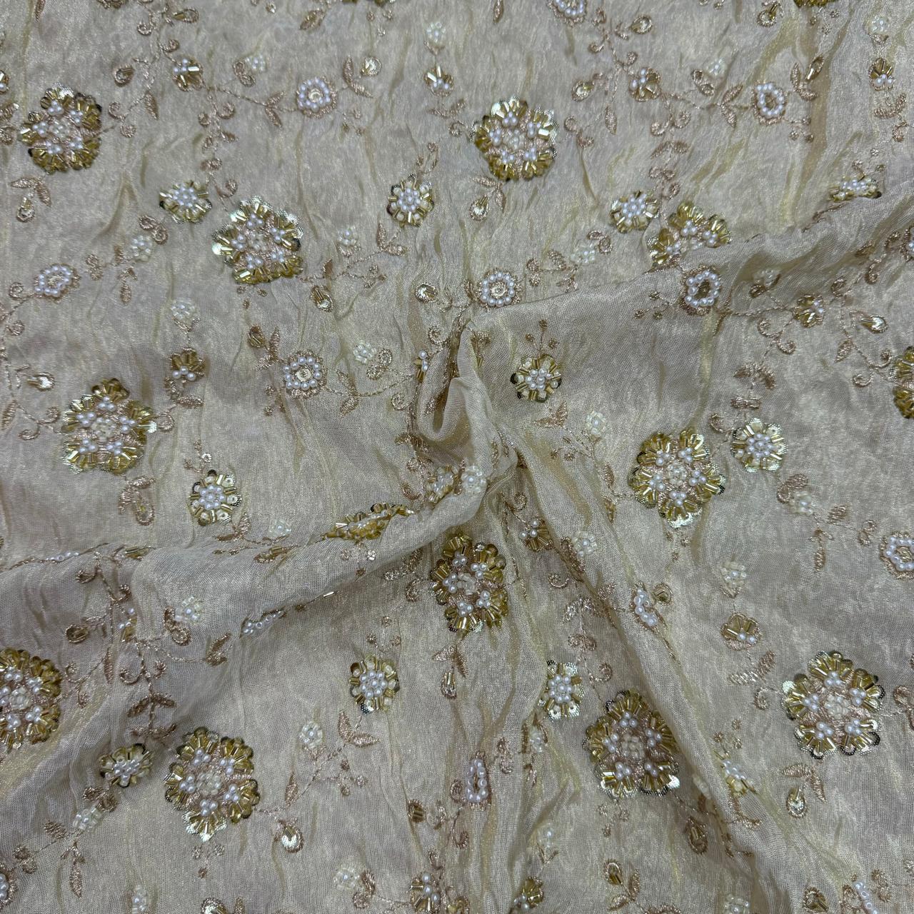 White & Gold Floral Beads & Sequins Handwork Dyeable Embroidered Viscose Tissue Silk Fabric