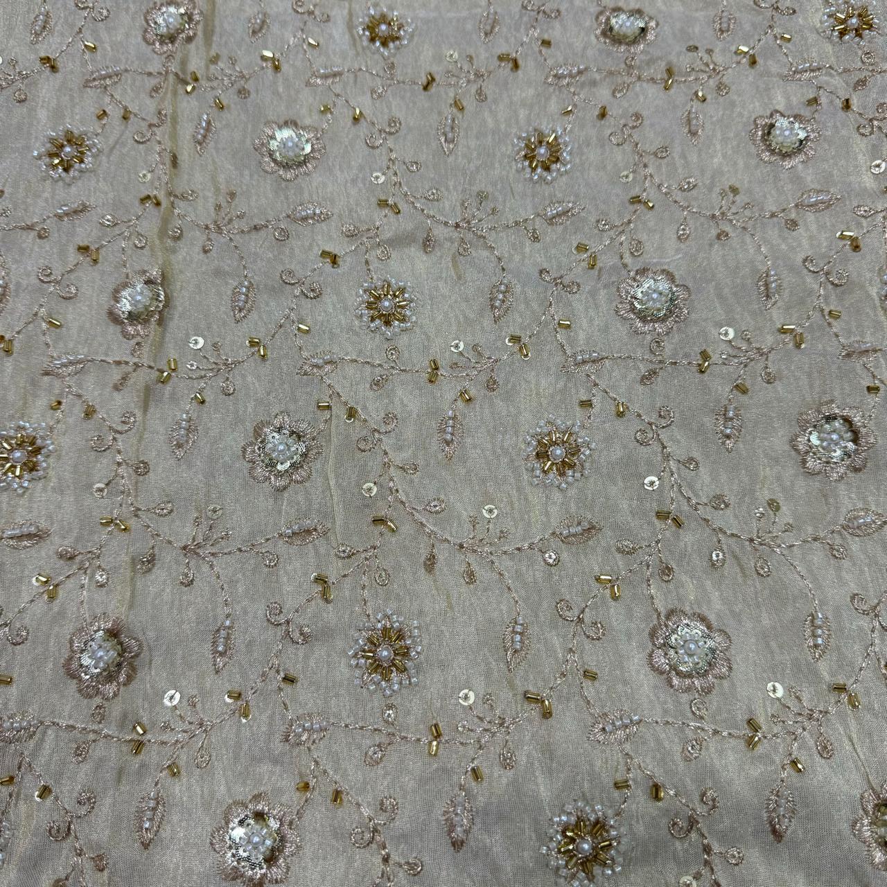 White & Golden Floral Beads & Sequins Handwork Dyeable Embroidered Viscose Tissue Silk Fabric