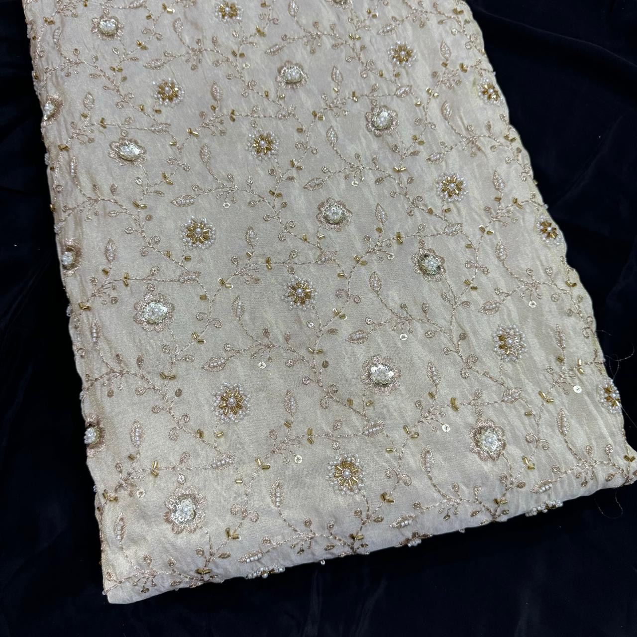 White & Golden Floral Beads & Sequins Handwork Dyeable Embroidered Viscose Tissue Silk Fabric