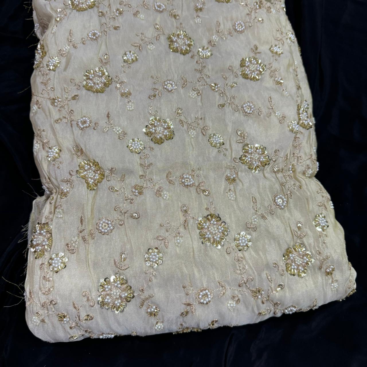 White & Gold Floral Beads & Sequins Handwork Dyeable Embroidered Viscose Tissue Silk Fabric