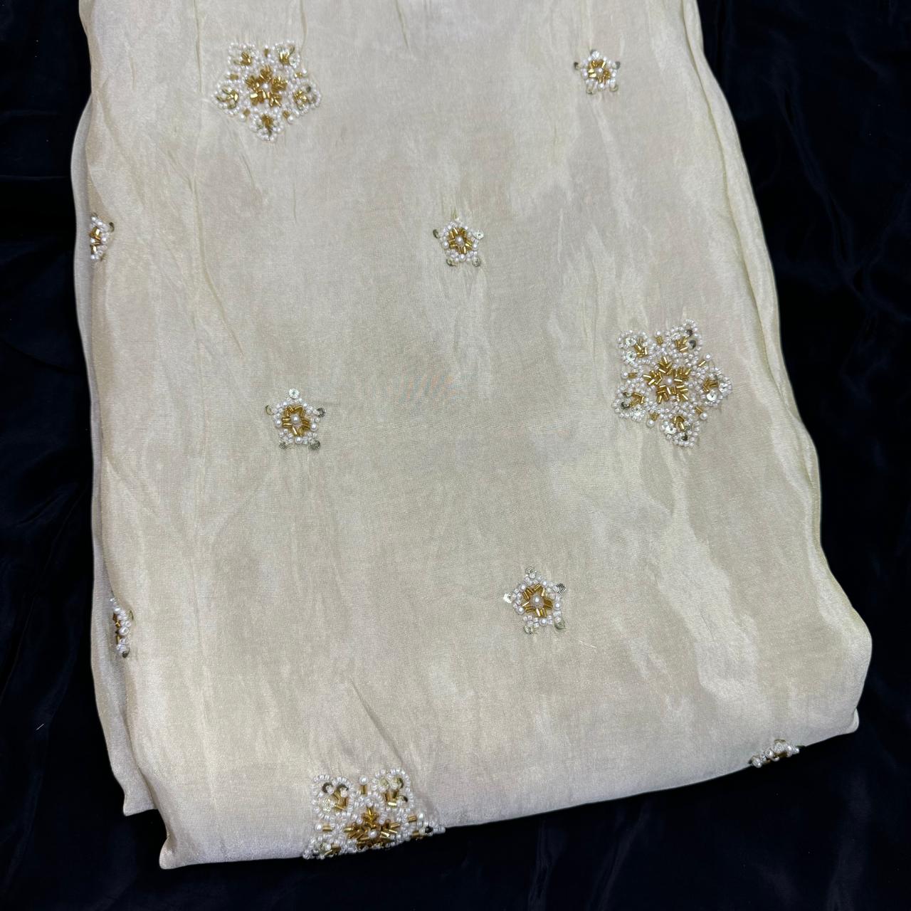 White & Golden Motifs Beads & Sequins Butti Handwork Dyeable Embroidered Viscose Tissue Silk Fabric