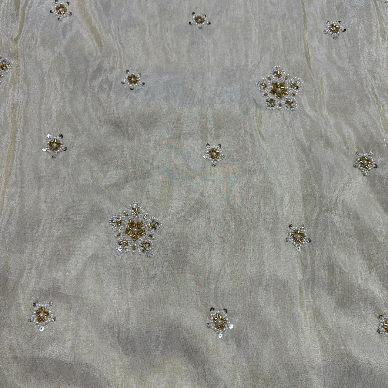 White & Golden Motifs Beads & Sequins Butti Handwork Dyeable Embroidered Viscose Tissue Silk Fabric