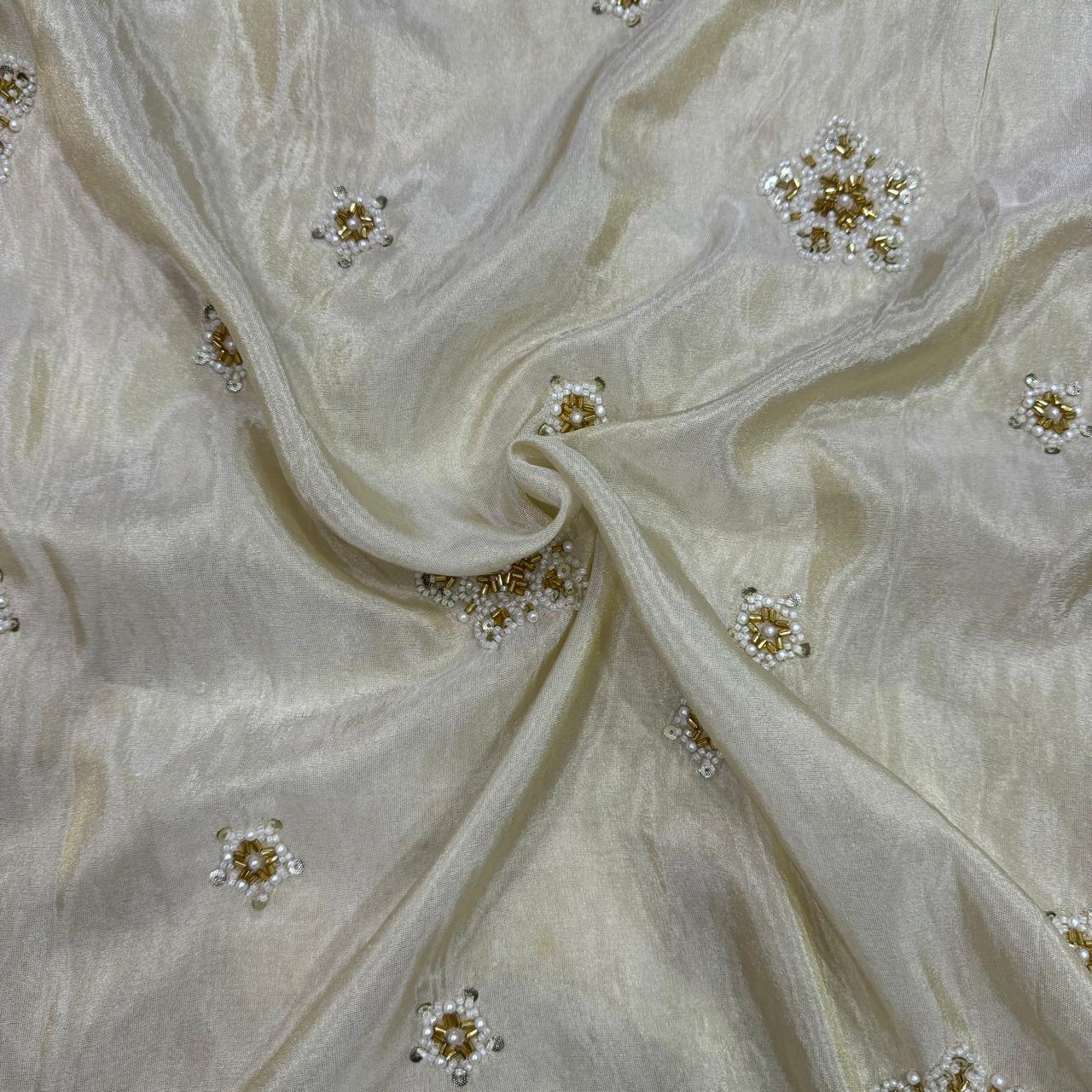 White & Golden Motifs Beads & Sequins Butti Handwork Dyeable Embroidered Viscose Tissue Silk Fabric