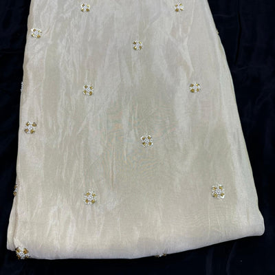 White & Golden Motifs Beads & Sequins Butti Handwork Dyeable Embroidered Viscose Tissue Silk Fabric