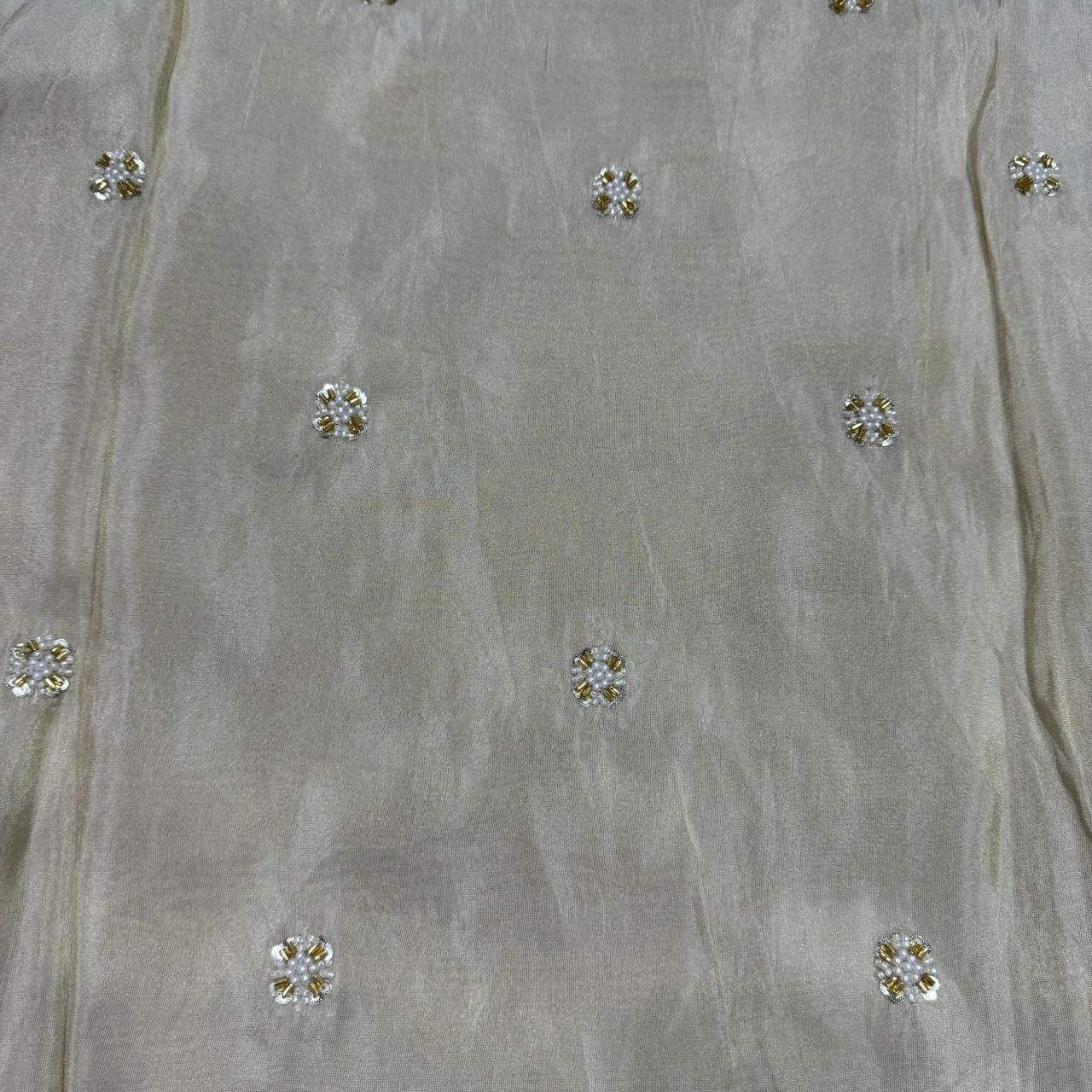 White & Golden Motifs Beads & Sequins Butti Handwork Dyeable Embroidered Viscose Tissue Silk Fabric