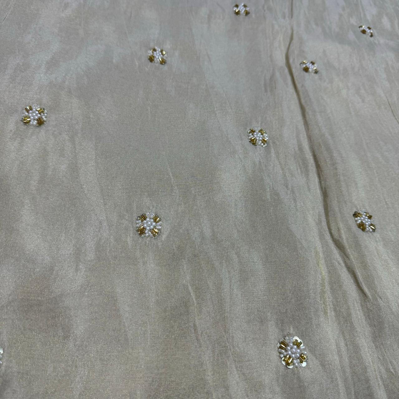 White & Golden Motifs Beads & Sequins Butti Handwork Dyeable Embroidered Viscose Tissue Silk Fabric