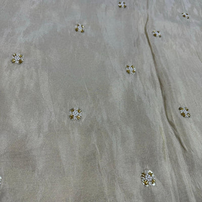 White & Golden Motifs Beads & Sequins Butti Handwork Dyeable Embroidered Viscose Tissue Silk Fabric