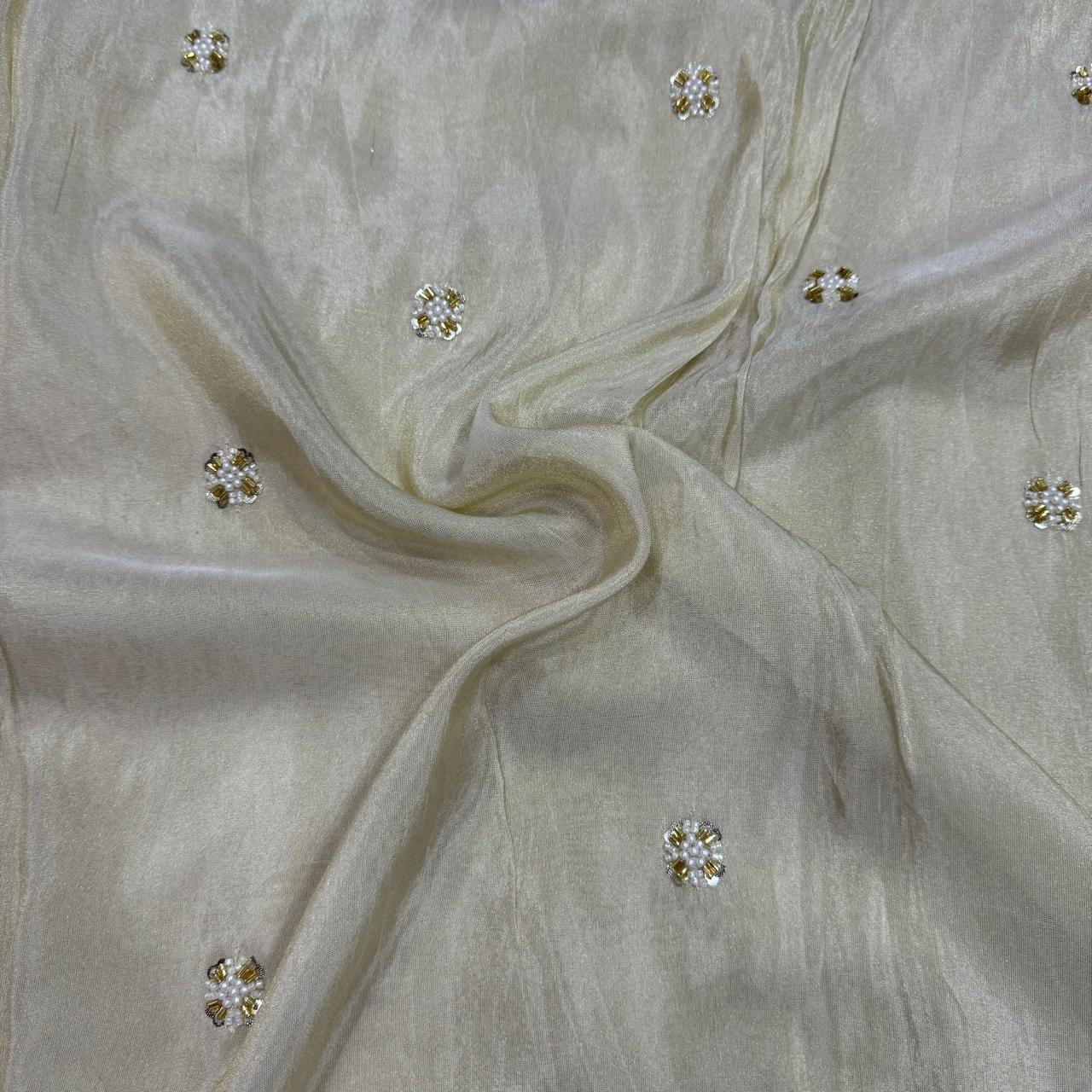 White & Golden Motifs Beads & Sequins Butti Handwork Dyeable Embroidered Viscose Tissue Silk Fabric