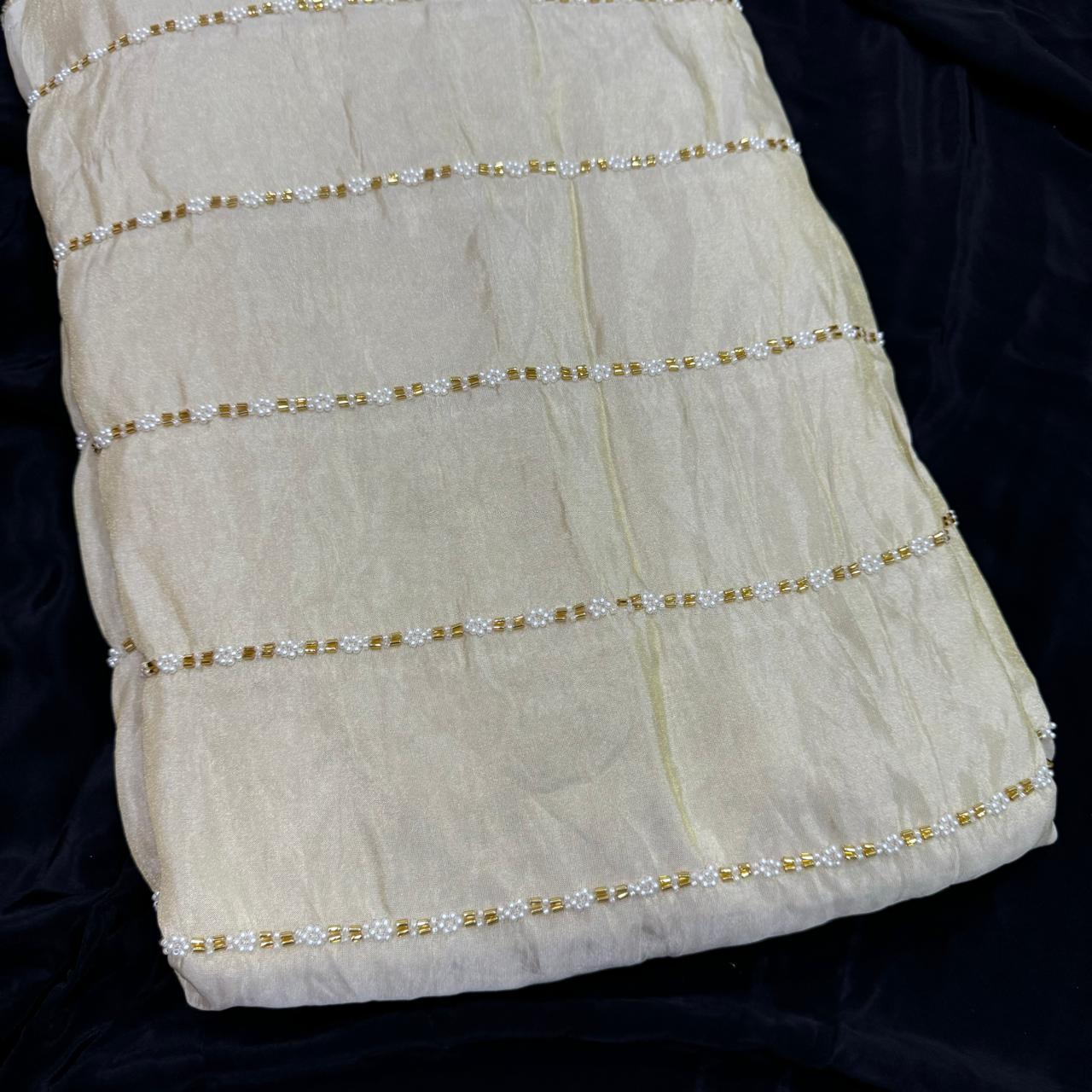 White & Golden Stripes Beads & Sequins Handwork Dyeable Embroidered Viscose Tissue Silk Fabric