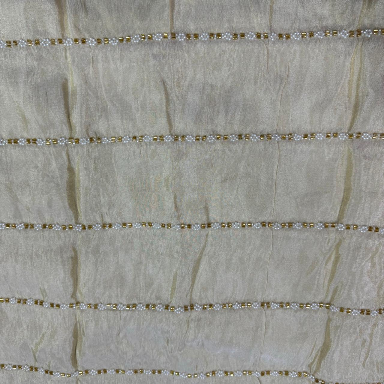 White & Golden Stripes Beads & Sequins Handwork Dyeable Embroidered Viscose Tissue Silk Fabric