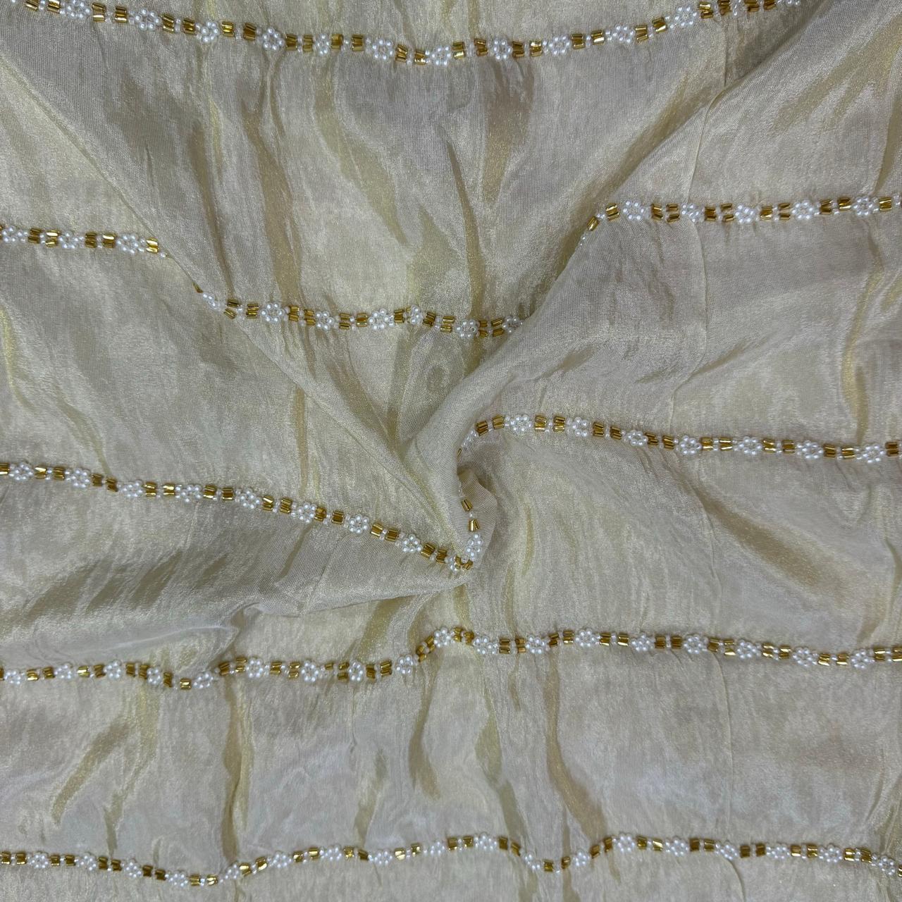 White & Golden Stripes Beads & Sequins Handwork Dyeable Embroidered Viscose Tissue Silk Fabric