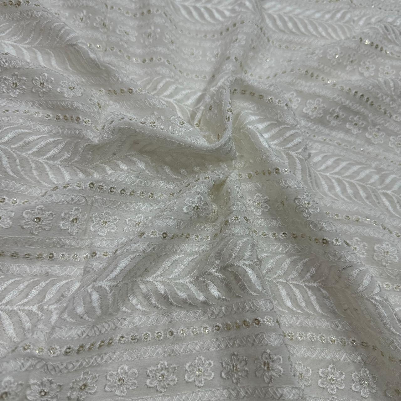 White Traditional Dyeable Lakhnavi Embroidered Viscose Georgette Fabric