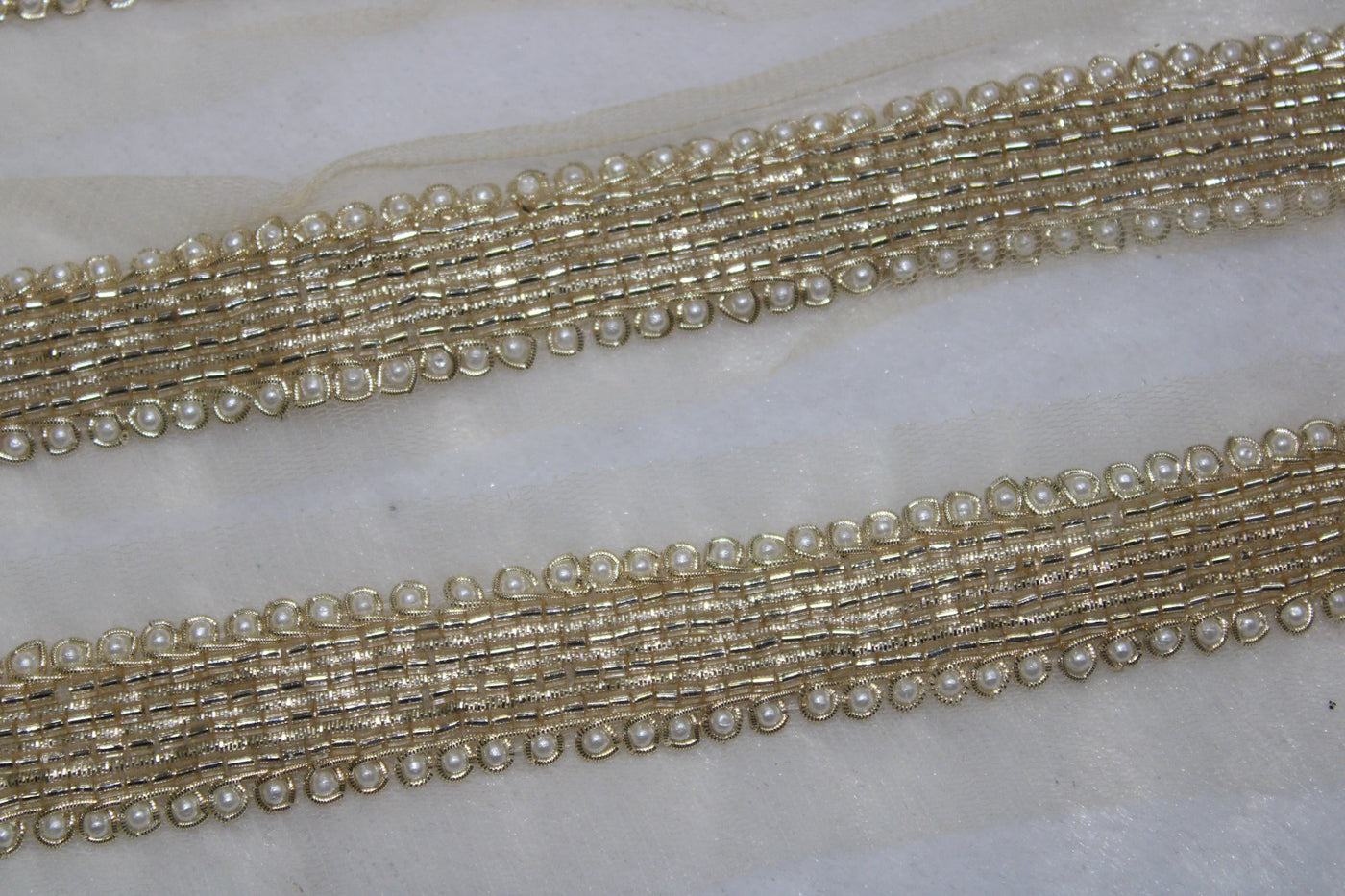 Golden & White Pearl Embellished Handwork Trim (Wholesale)