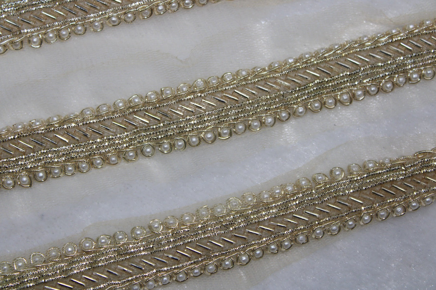 White Golden Pearl Embellished Handwork Trim (Wholesale)