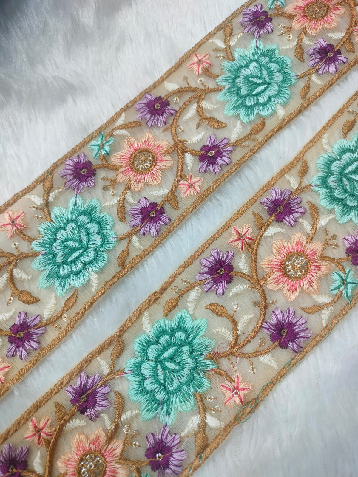 Turquoise & Purple Flower Embroidery Trim